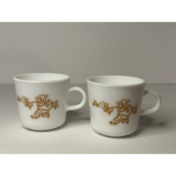 VTG Corning Milk Glass Mug Cup Coffee Cherry Blossom Pattern Oriental Set of 2 - Picture 1 of 6
